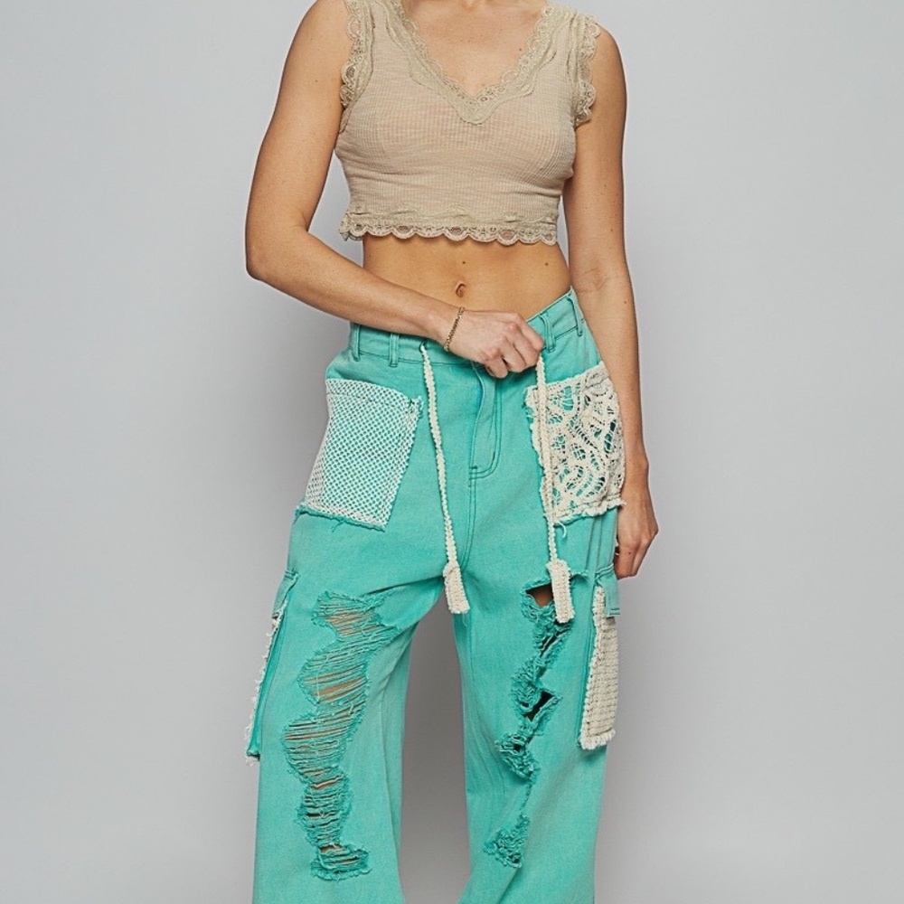 New POL Clothing Distressed Joggers Womens Sweatpants Teal Oversized Denim Pants - Picture 6 of 8